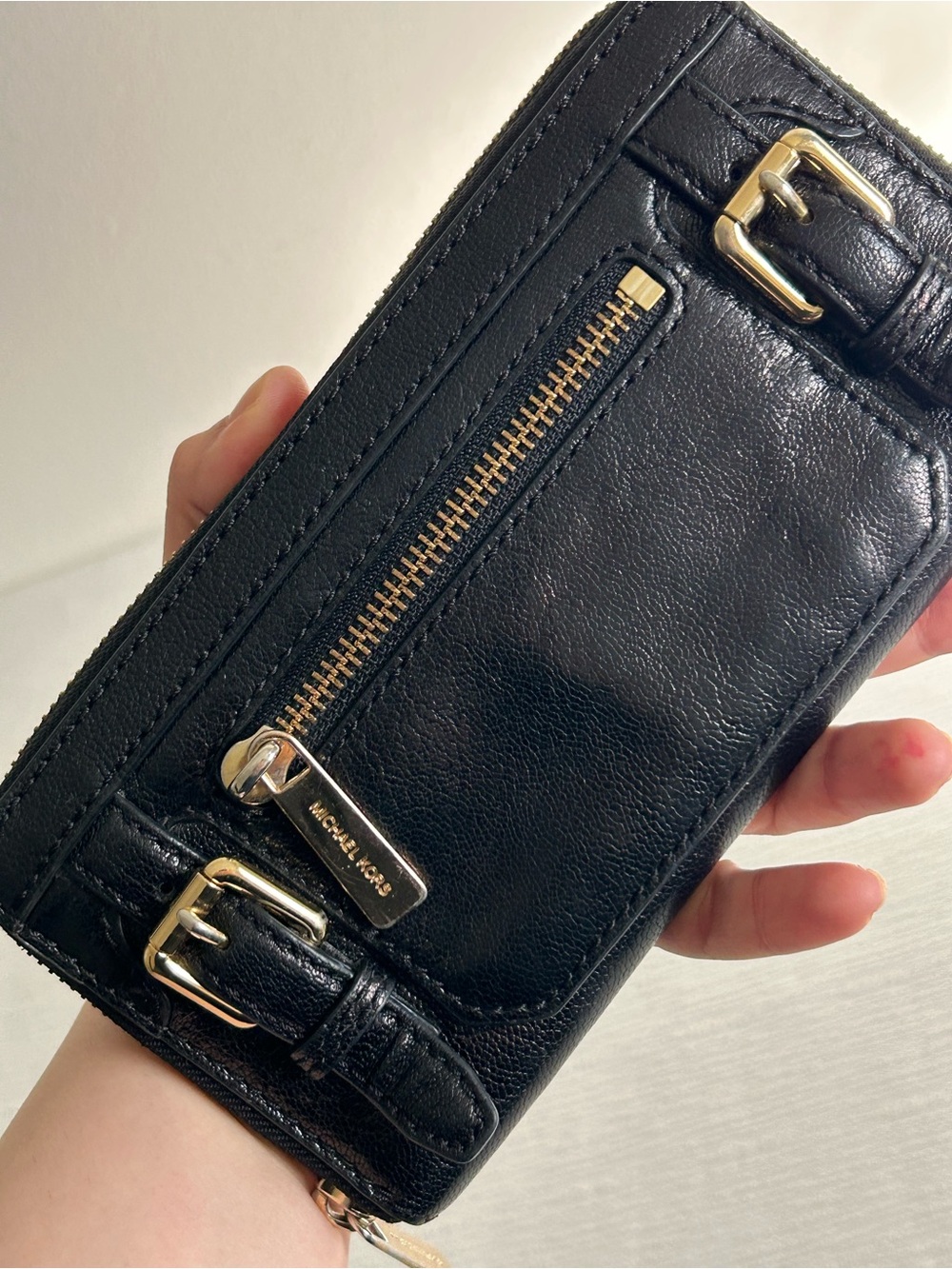 Vintage Michael Kors Black Leather Phone Case with Gold Hardware